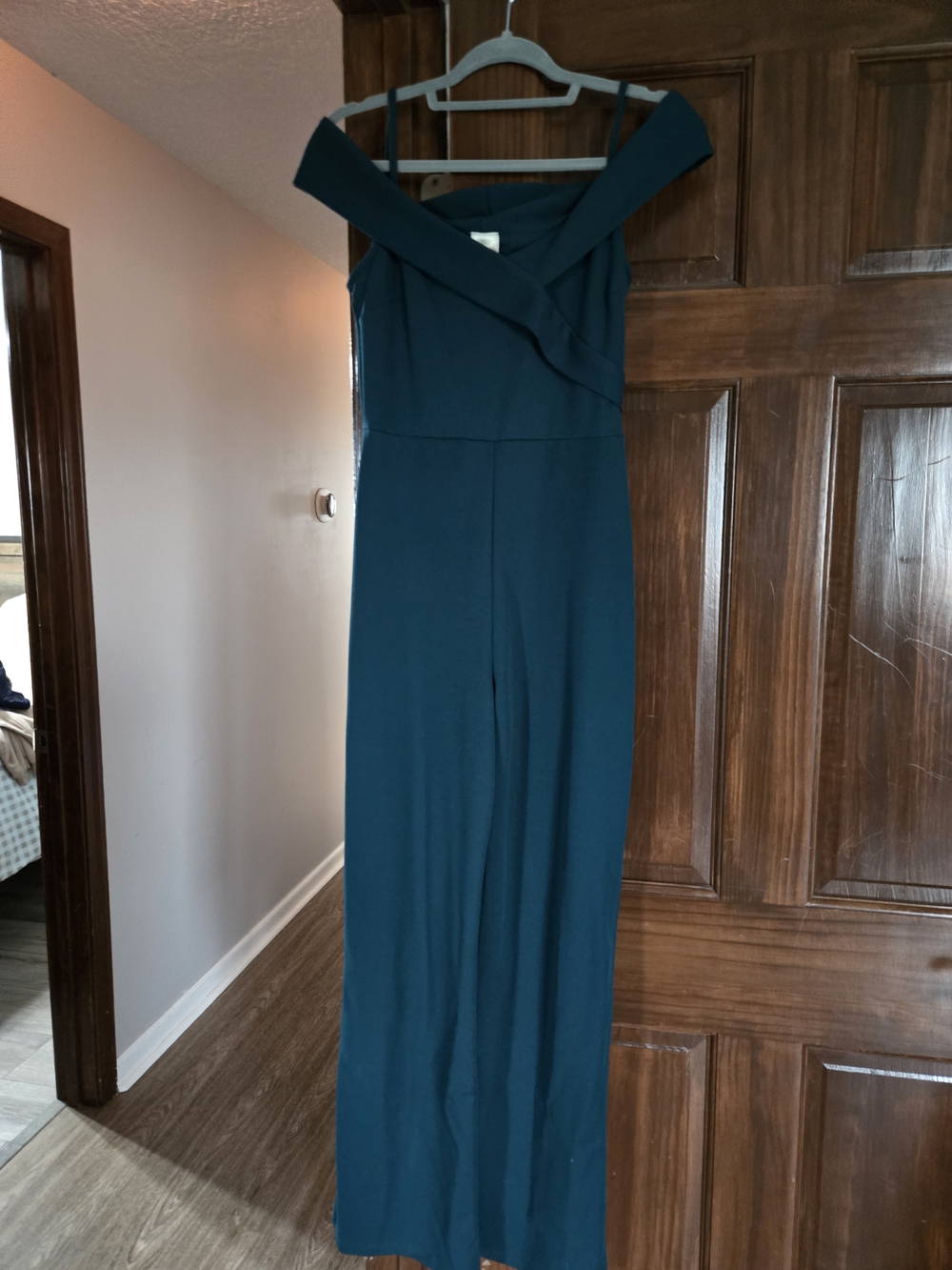 Off-Shoulder Teal Jumpsuit